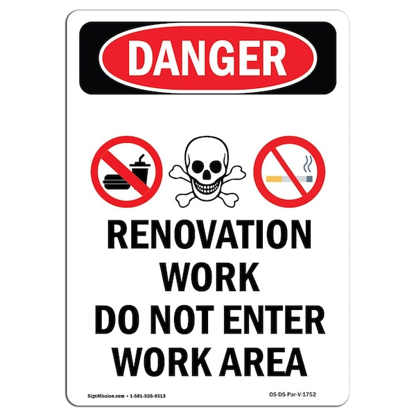 Safety Sign, OSHA Danger, 5" Height, 5" Length, Renovation Work, Portrait, 10PK